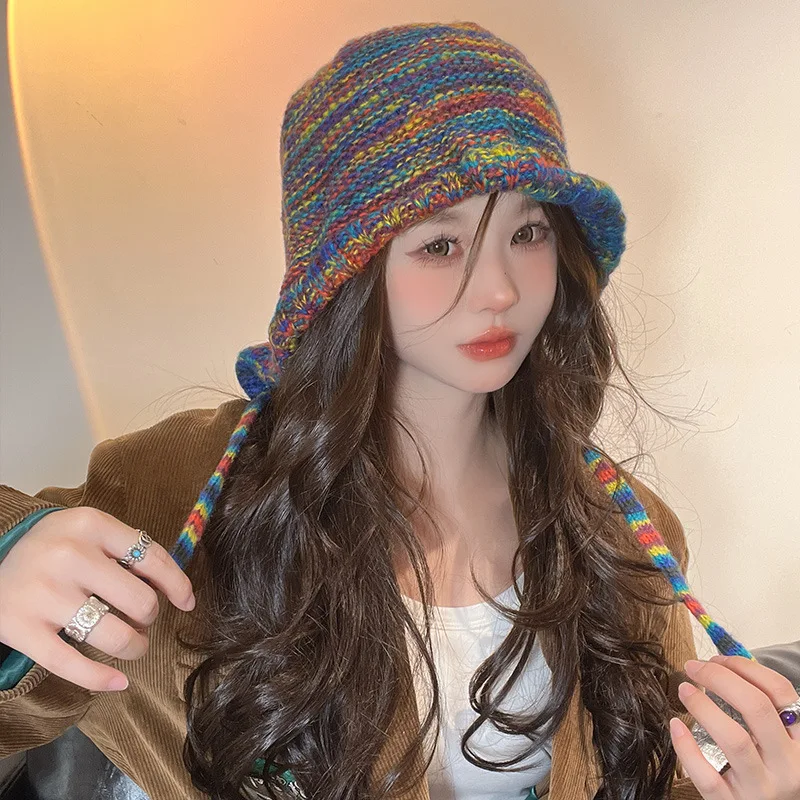 Korean Autumn and Winter Women Rainbow Contrasting Color Knitted Hat Trend Lace-up Thermal Ear Protector Head Skull Beanie Hats