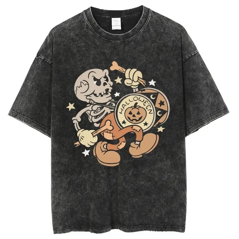 

Футболка унисекс с круглым вырезом и рисунком тыквы и черепа, хлопковая футболка на Хэллоуин для мужчин и женщин, забавная винтажная стираная футболка с короткими рукавами