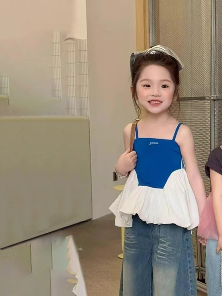 

Girls' Summer Suit2025New Children's Design Sense Patchwork Lace Trim Tank Top Loose Wide-leg Jeans Trend