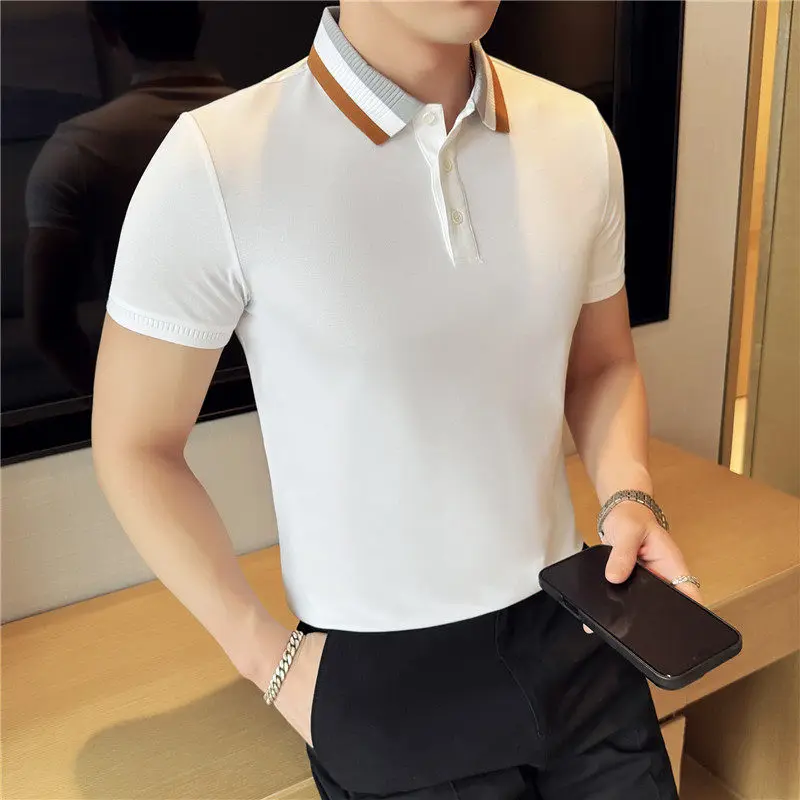 

Новые мужские летние вязаные поло с цветными блоками и воротником на пуговицах, в полоску, с коротким рукавом, повседневные, деловые, дышащие, на пуговицах, футболки-поло