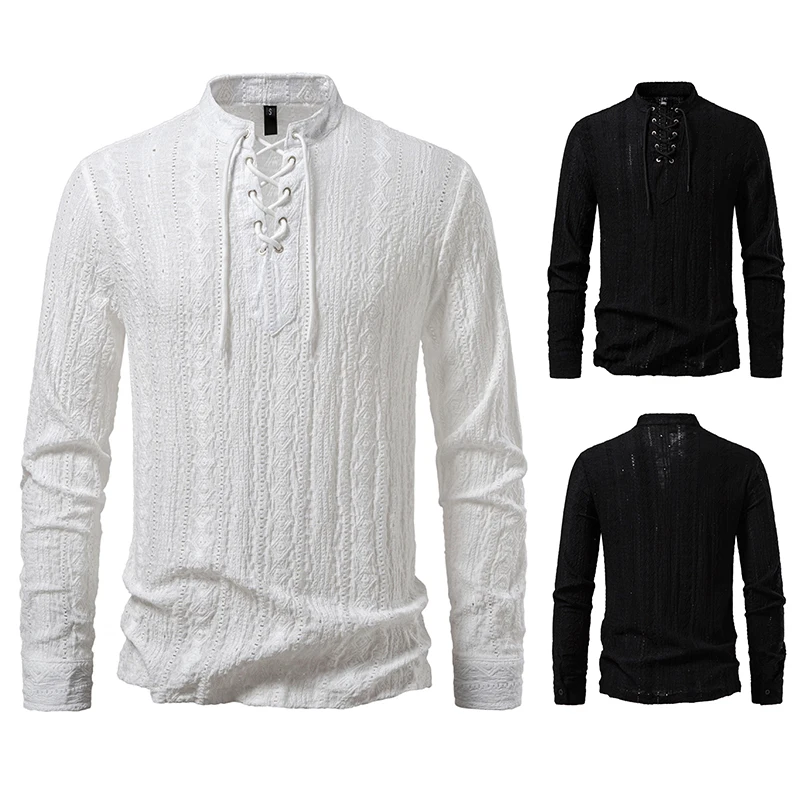 Men Long Sleeve Shirts Henry Collar Mens Dress Shirts Casual Male Drawstring Style Clothes Chemise Hemd Homme Shirt H261