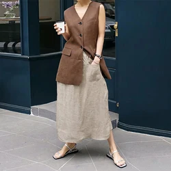 Retro 100% Linen Women's Skirt Casual Solid Elastic High Waist Skirt Pants Korean Japanese Long Skirt Saia Feminina
