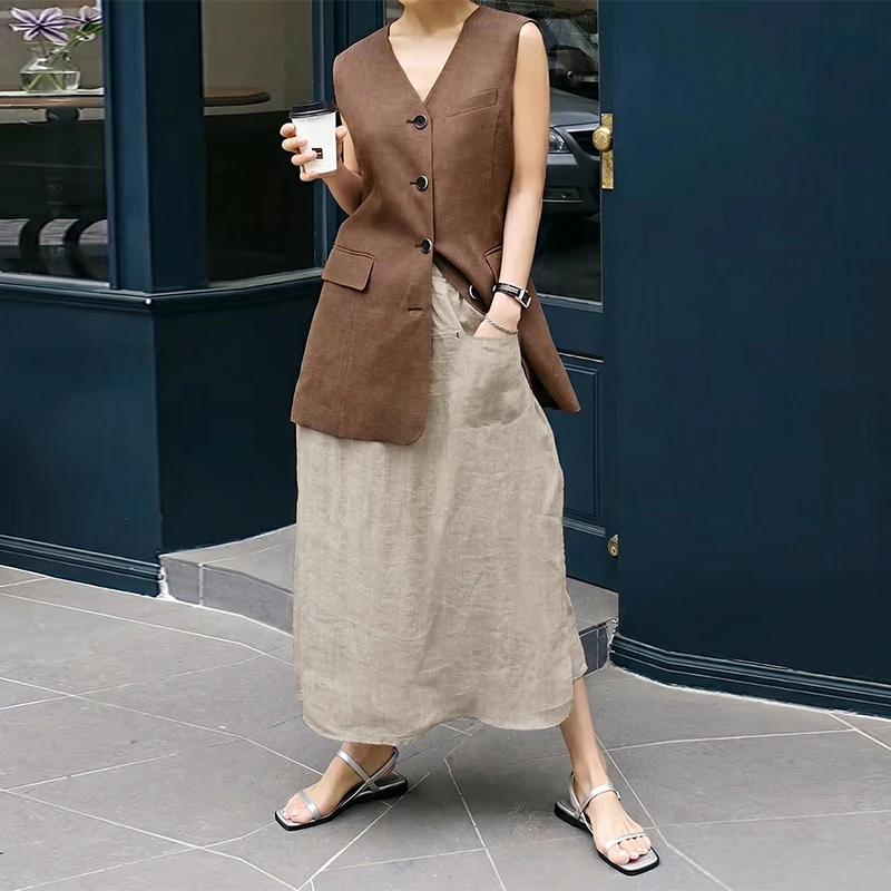 Retro 100% Linen Women's Skirt Casual Solid Elastic High Waist Skirt Pants Korean Japanese Long Skirt Saia Feminina