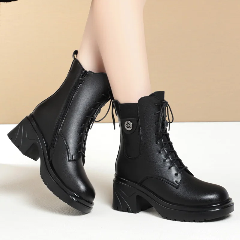 

Leather Fce Lined Flat Bot Laced Boots Women's oes ort Boots Middle Aged And ly Leather oes Cotton ...