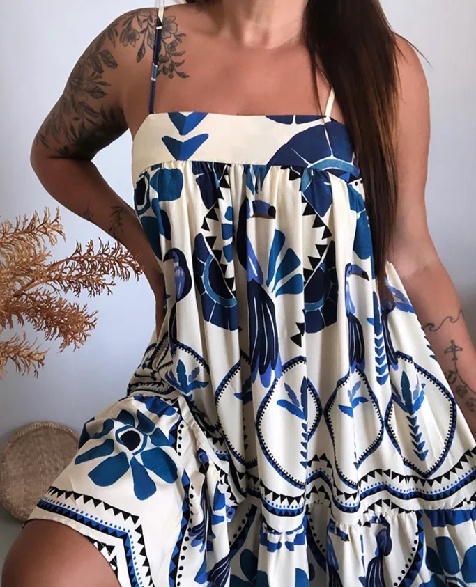 Robe de vacances femme Vintage imprimé Tropical mince sangle a-ligne Mini robe élégante décontractée à lacets et dos nu robe à bretelles