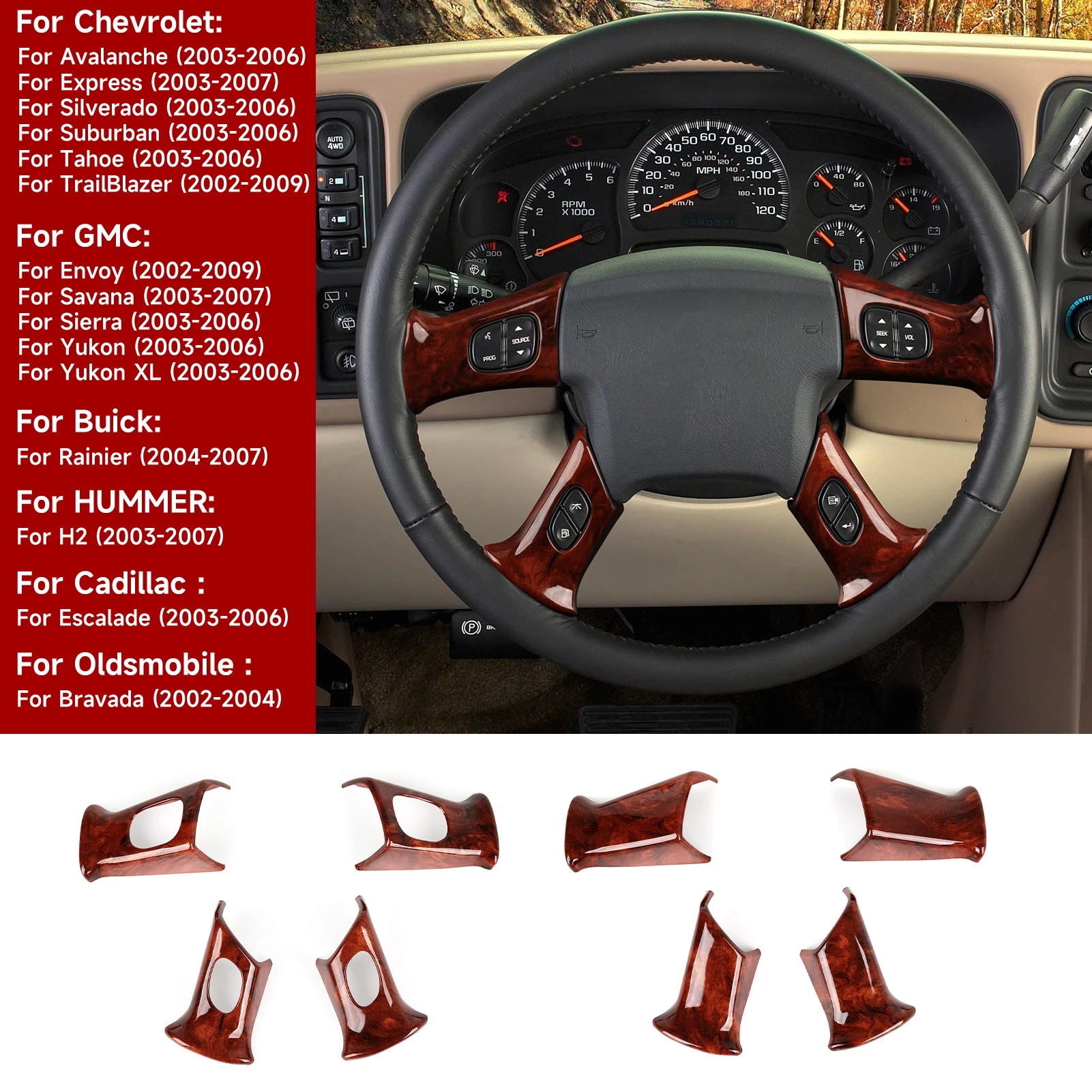 Para Buick Rainier HUMMER H2 Cadillac Escalade Oldsmobile Bravada, Panel de volante de coche, pegatinas ABS interiores de grano de madera