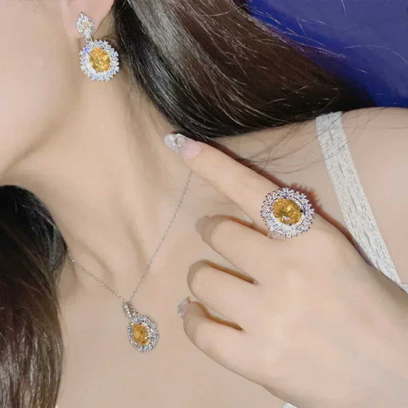 MDL مويسانيتي. نمط جديد فاخر مجموعة مجوهرات ملونة مطعمة الزبرجد توباز خاتم سيترين أقراط قلادة الماس الوردي #5