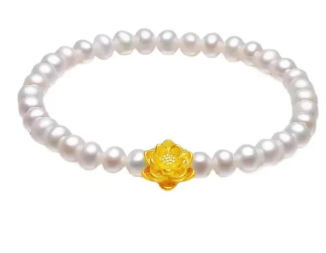 

24k gold charm bracelet gold bracelet 999 real gold lotus charms + pearl +gold beads bracelet for women 0.2g lotus