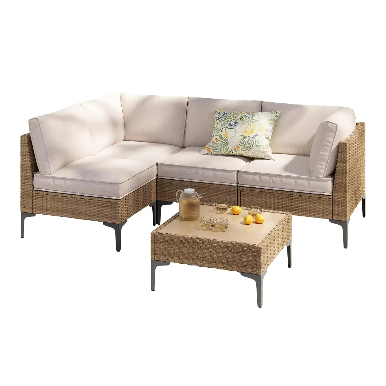 *u-5 Piece Patio Furniture Set, Wicker Modular Outdoor Furniture With Thicker Cushions, Outdoor Couch Sofa For Garden,