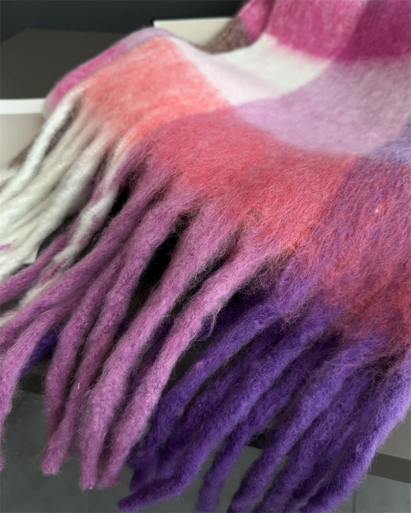 Warmer Dicker Winterschal für Damen, Mohair, Kariert, Weicher Quastenschal, Pashmina, Großer Halsdecken-Schal – Detail 27