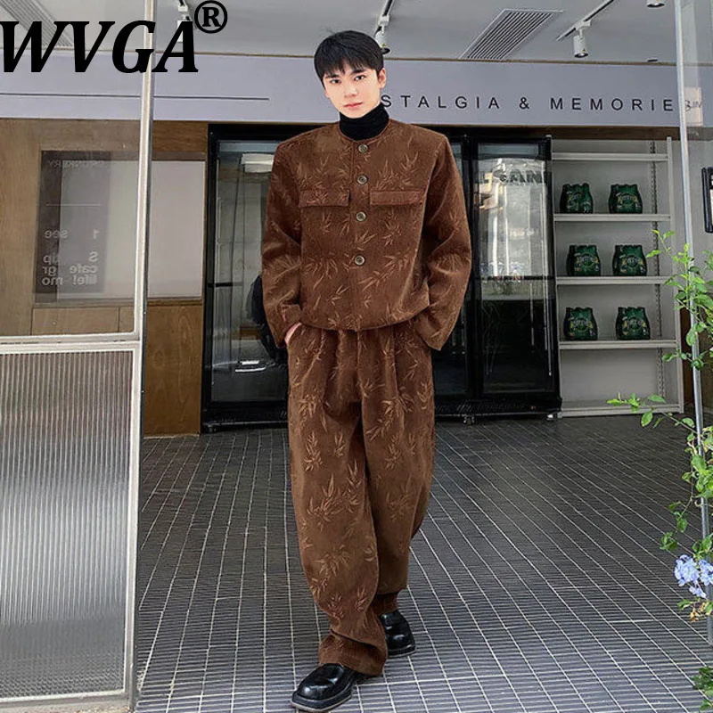 WVGAspring Autumn New Man Tide Bamboo Embroidery Trendy Thickened Woolen Short Coats Niche Chic Casual Straight Pants Set W20948