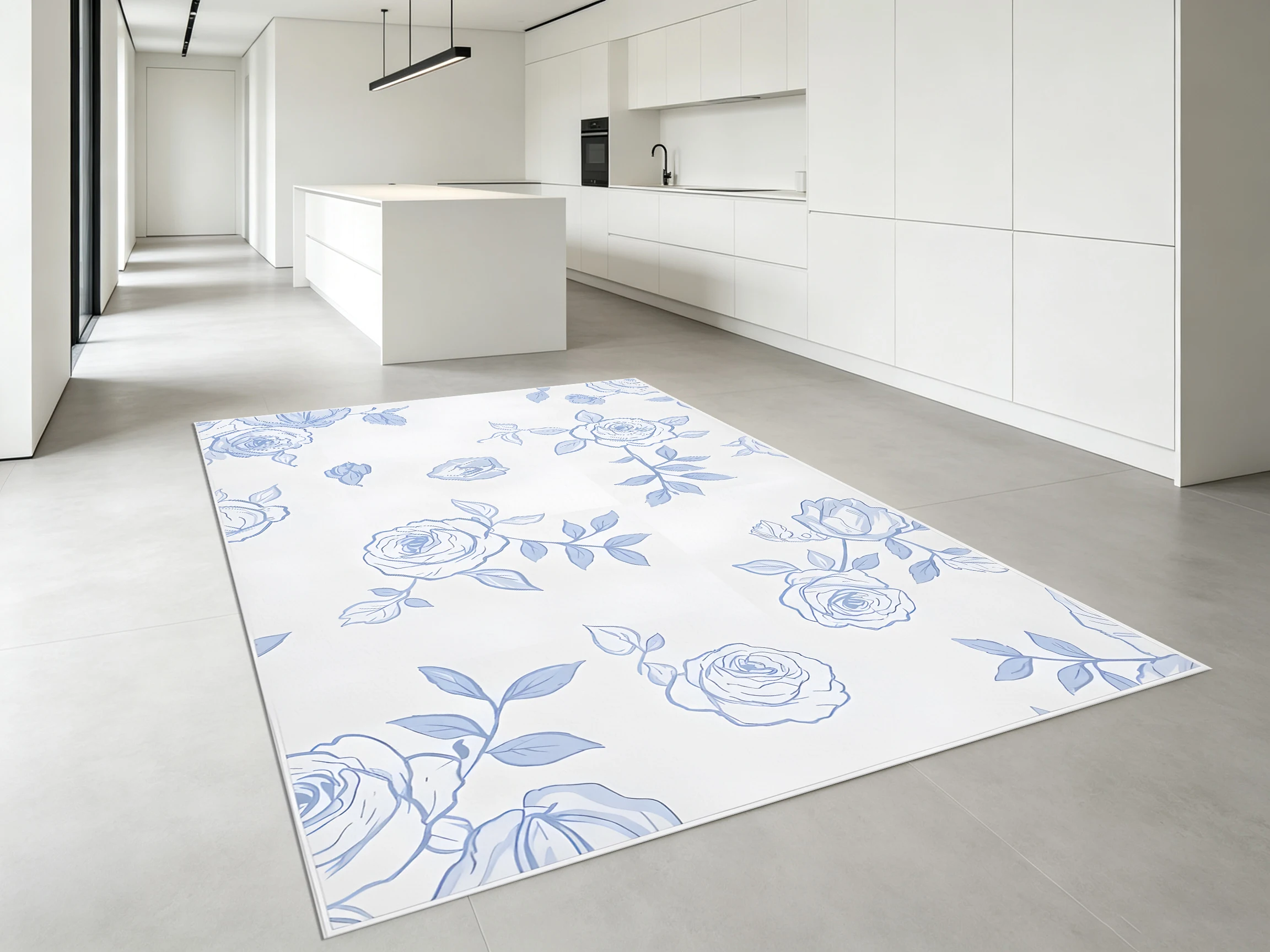 Light Blue Line Drawing Rose 2D Rug, Milky White French Fresh, Soft & Comfy, for Living Room & Bedroom, & Premium Floor