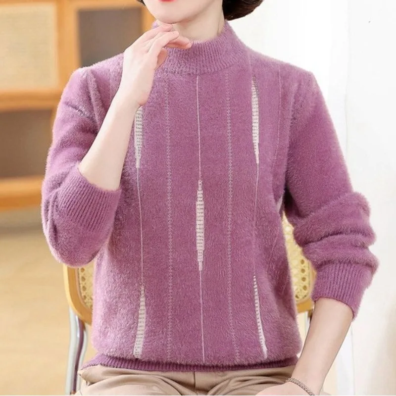 

Autumn Winter Women's Pullover Solid Round Neck Geometric Flocking Lantern Long Sleeve Sweater Knitted Fashion Casual Loose Tops