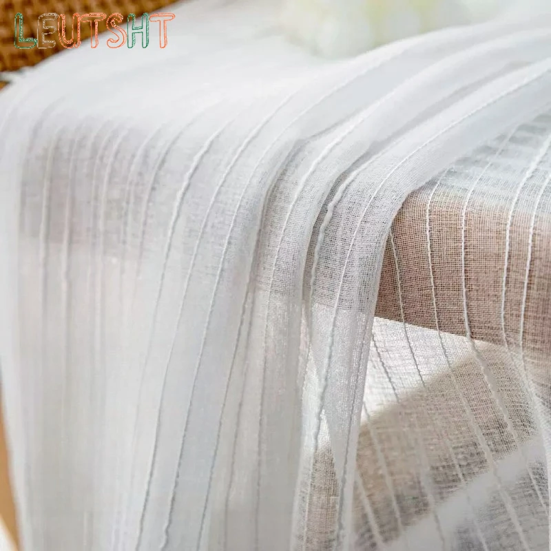 Japanische Gestreifte Leinen-Gardinen im Retro-Stil, Weißes Garn, Maßgefertigte Transparente Vorhänge für Wohnzimmer, Esszimmer und Schlafzimmer, Weißer Tüll