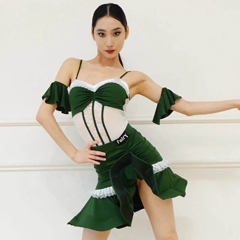 

New Latin Dance Clothes Women Practice Clothing Green Suit Summer Cha Cha Rumba Tango Salsa Dance Dress Performance Wear NV20406