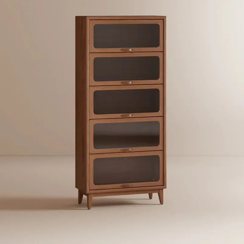 US Stock Solid Wood Five-Story Bedroom Bookcase with Tempered Glass Flap Door, Brown Natural Wood, Freestanding Heavy Duty