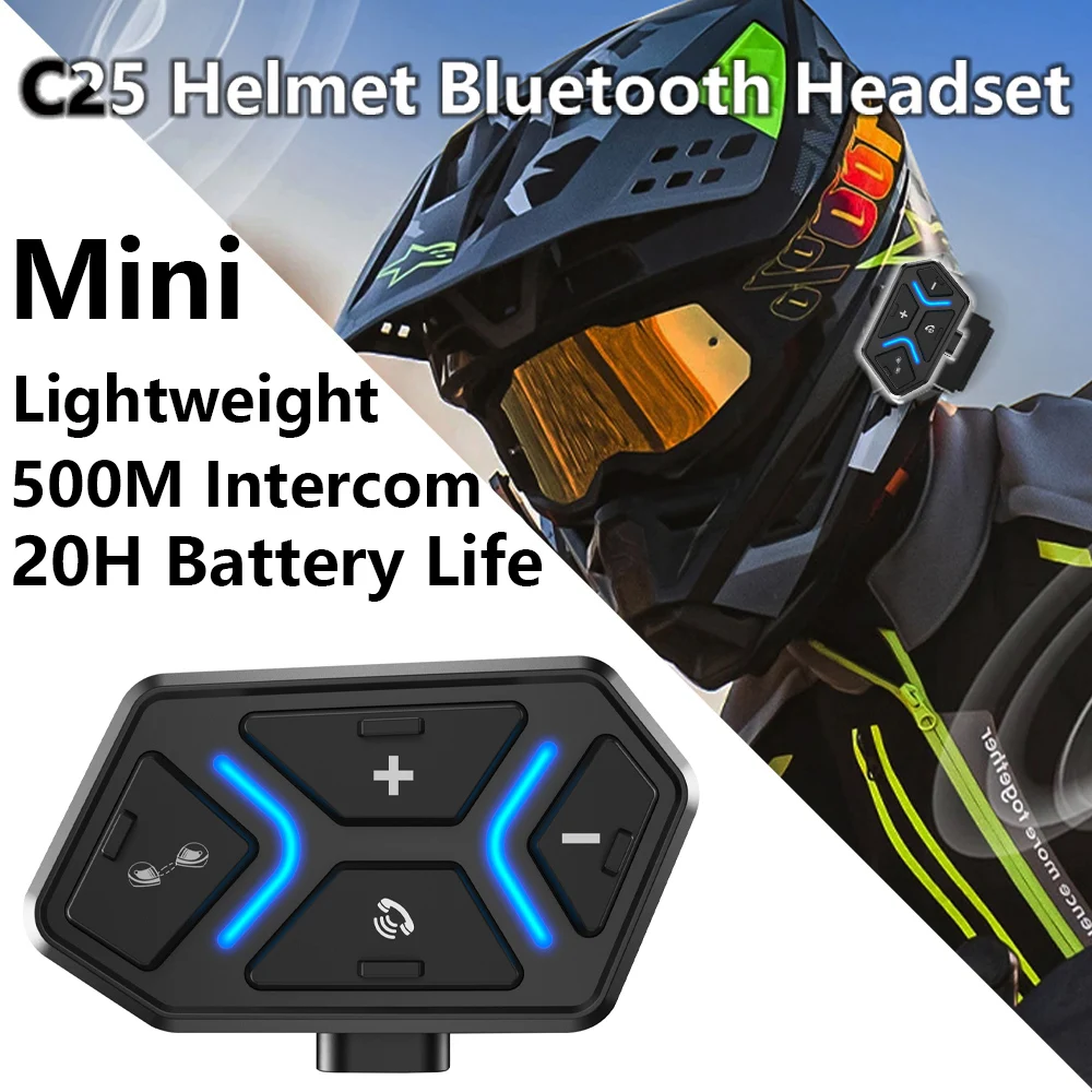 

Мини-гарнитура C25 Bluetooth для шлема, 500 м, двойной гибридный интерком, водонепроницаемая, 20 часов автономной работы, ультралегкая, Bluetooth