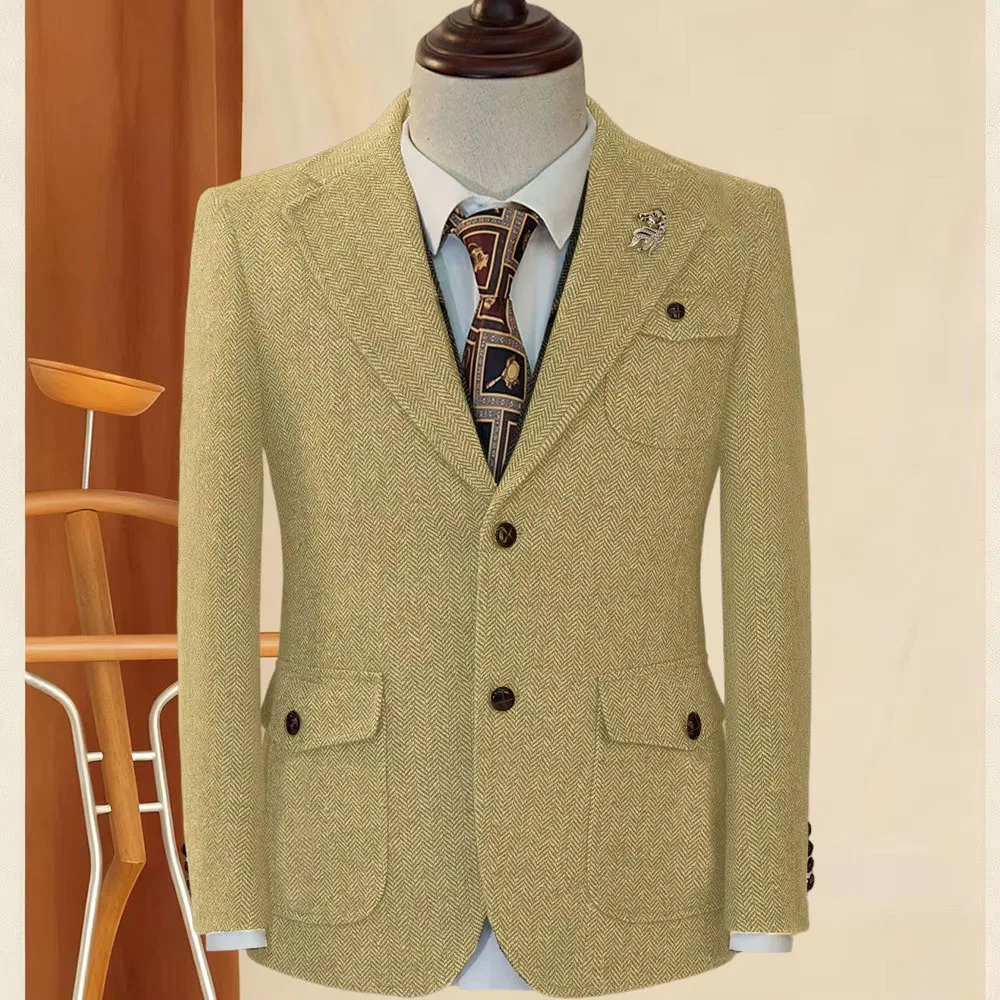 

Fall Men's Suit Jacket Herringbone Single Breasted Man Coat Tailored Business Casual Male Blazer