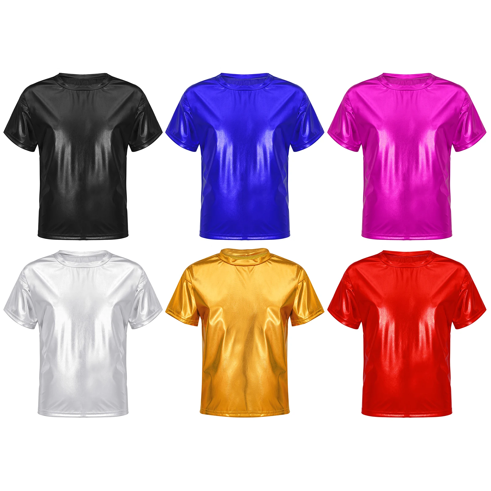 Kids Girls Boys Jazz Hip Hop Dance Tops Shiny Metallic Round Neck Short Sleeve T-shirt Streetwear Performance Costume Dancewear