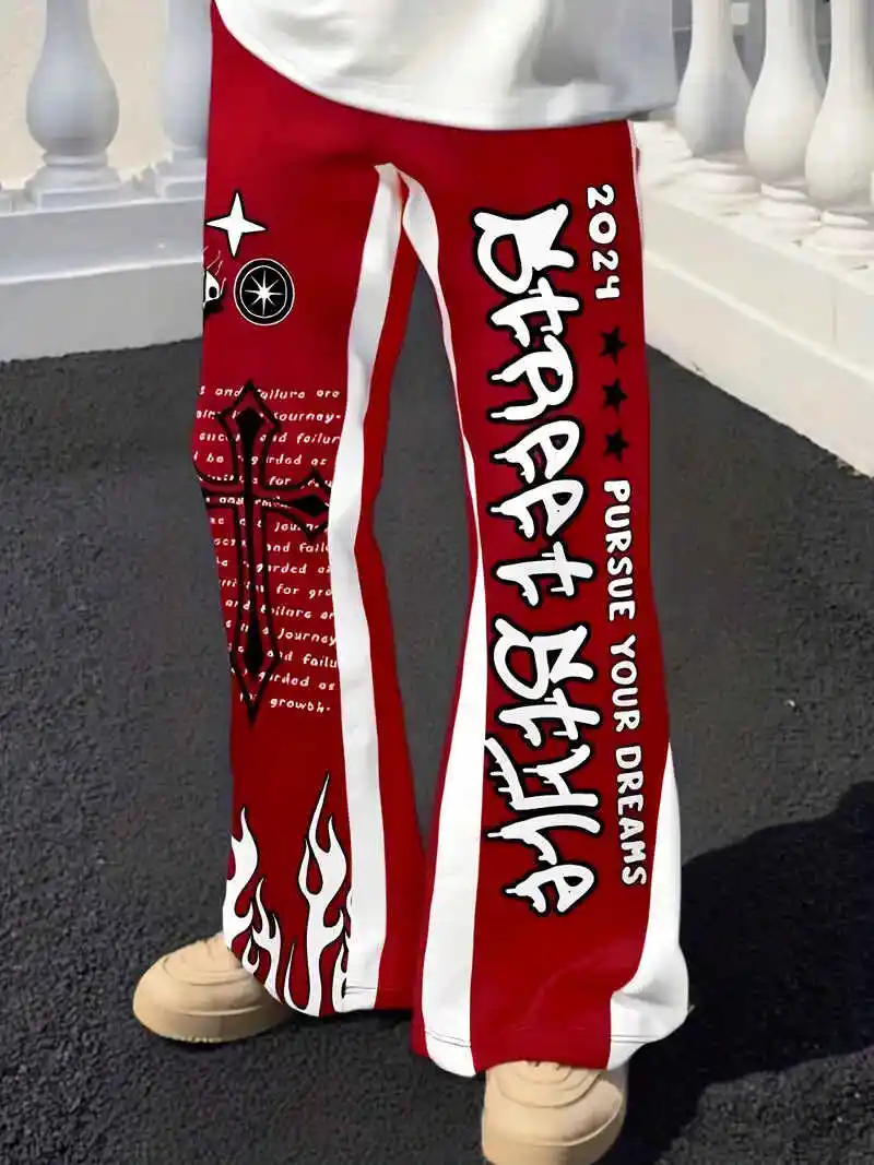 

Men's Casual Street Style Trendy Cross Print Fashionable Slightly Flared Black and White Color-Block Design Sweatpants Men Pants