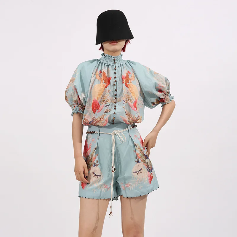 

Elegant Print Casual Shorts Outfit Spring Women Lantern Sleeve Stand Collar Top+High Waist Lace Up Shorts Autumn Two Piece Set
