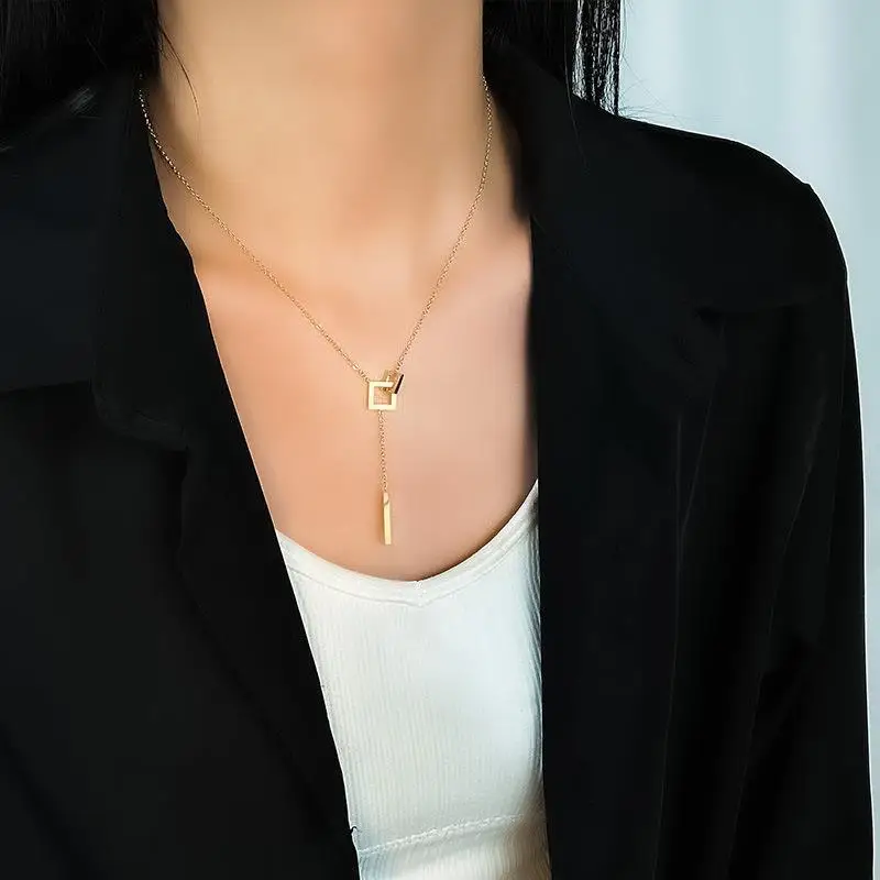 Modern Minimalist Geometric Lariat Necklace Gold Plated Stainless Steel Non Tarnish Women's Statement Jewelry