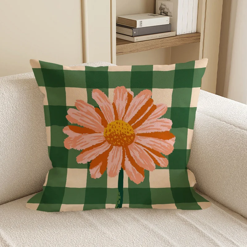 Boho Green Gingham Daisy Throw Pillow Cover Vintage Checkered Floral Print Decorative Cushion Case for Cottage Home Decor