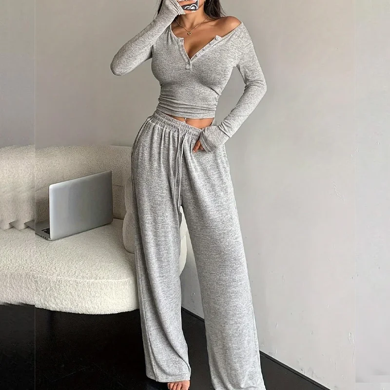 

Spring autumn solid slim Pajamas Homewear Set sexy V-Neck button Two-piece Pj Sets Long-Sleeve tops and long pants sleepwear y2k