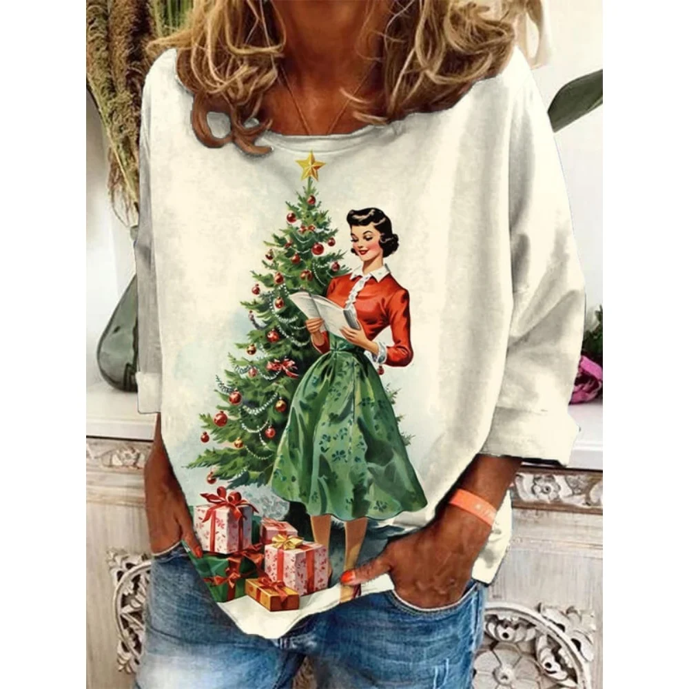 Christmas Tree Print Women\'s Clothing Round Neck Long Sleeved T-Shirt Spring/Autumn Loose Imitation Cotton Tops Party Clothing