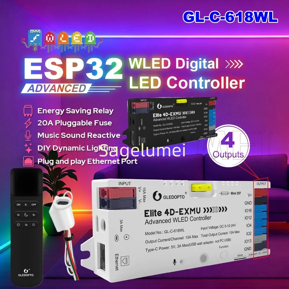 

GL-C-618WL ESP32 WLED LED Strip Light Controller with 4 Outputs Ethernet Microphone UART Energy Saving Relay 20A Pluggable Fuse