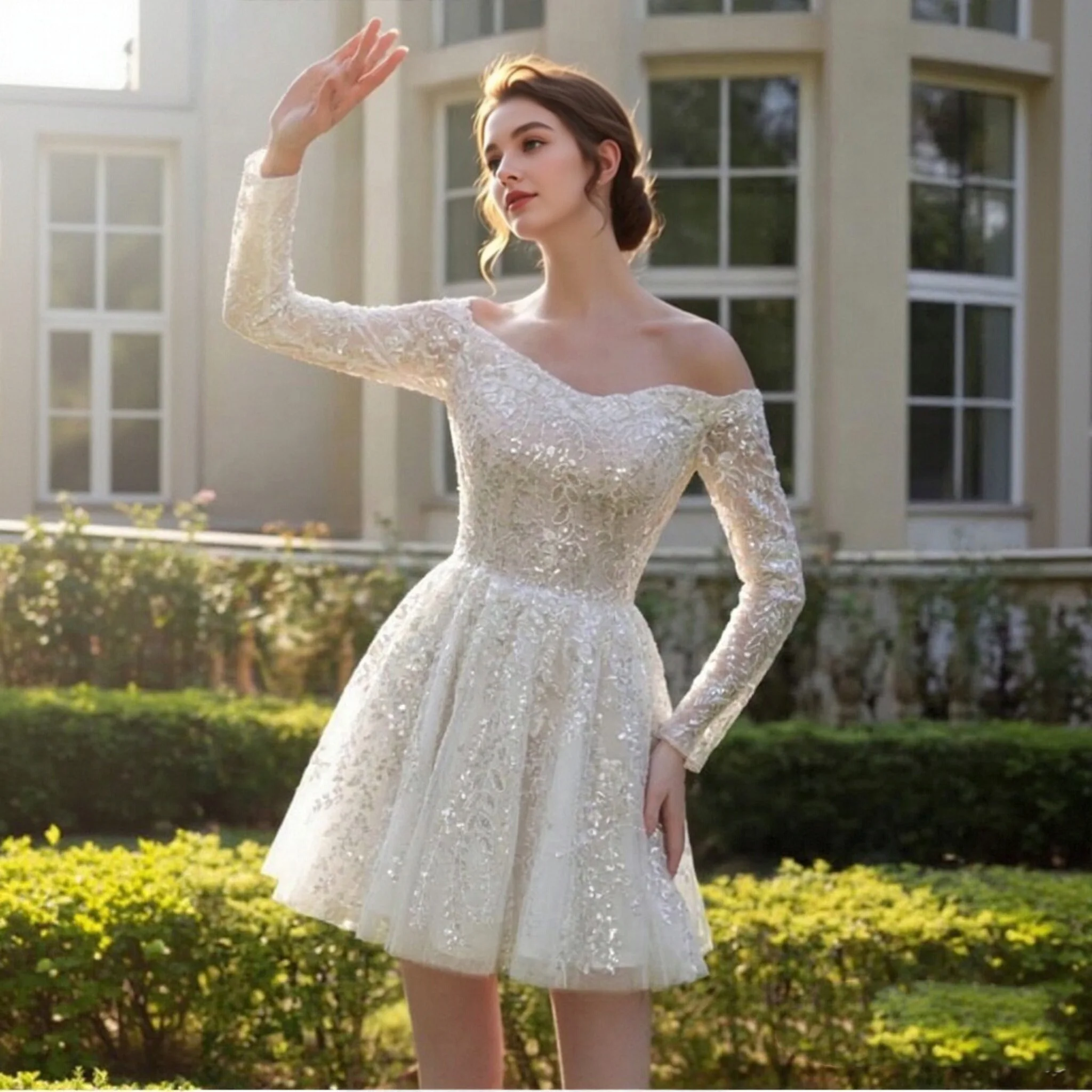 Sheer Fairy 2026 Women' s Elegant Mini Floral Wedding Dress Off-the-Shoulder Long Sleeve Lace Short Bridal Gown SW723 Customized