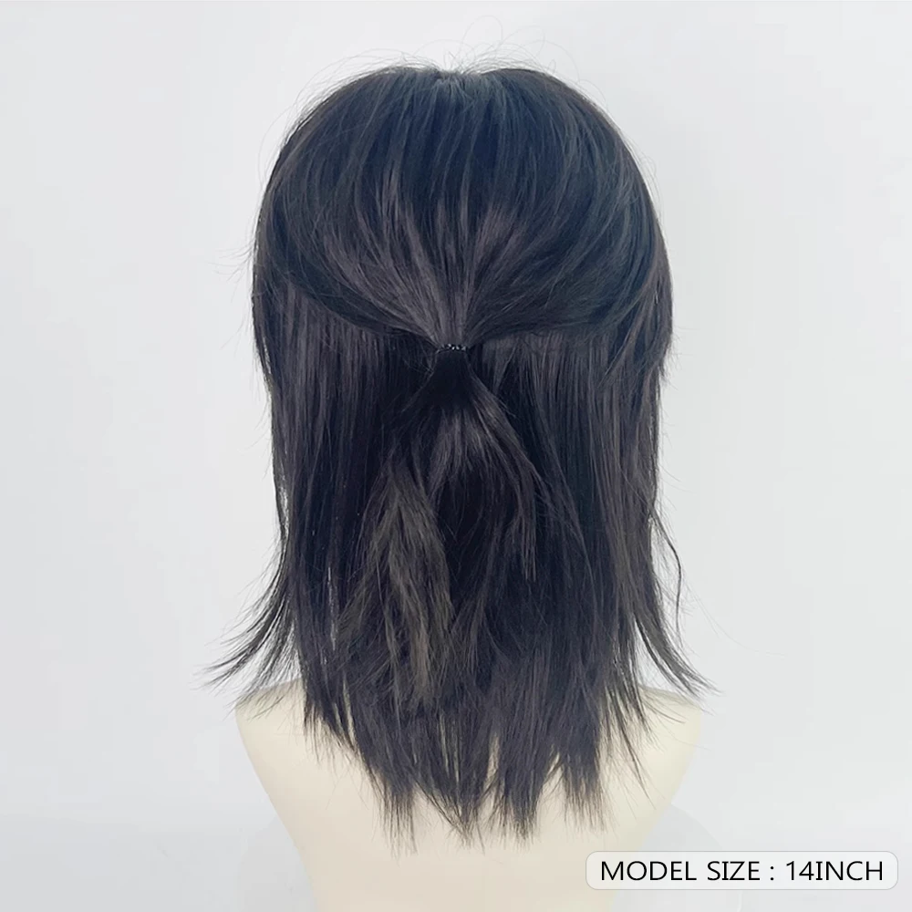 Mullet Head Synthetic Short Straight Black Wig with Bangs Fluffy Lolita Cosplay Men Wig Heat Resistant for Daily Party