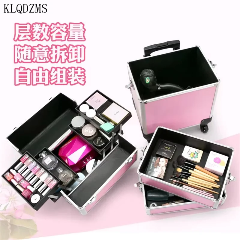 KLQDZMS Women's Cosmetic Case Multifunctional Beauty Nail Tool Box Removable Multifunctional Trolley Makeup Box Rolling Suitcase