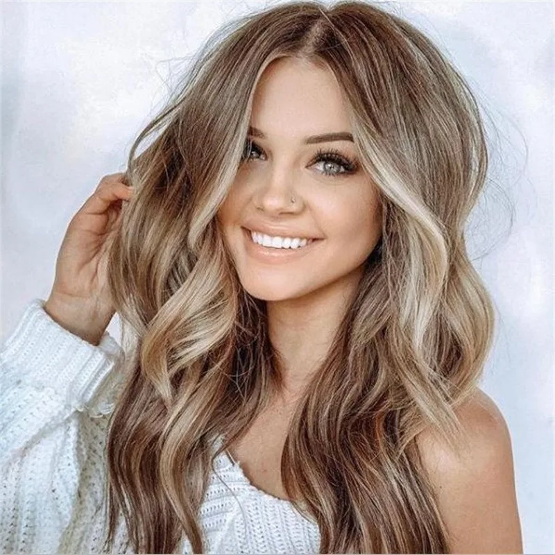 

Gradient brown European American style natural highlights, wavy bangs, and long curly hair with water ripple textu