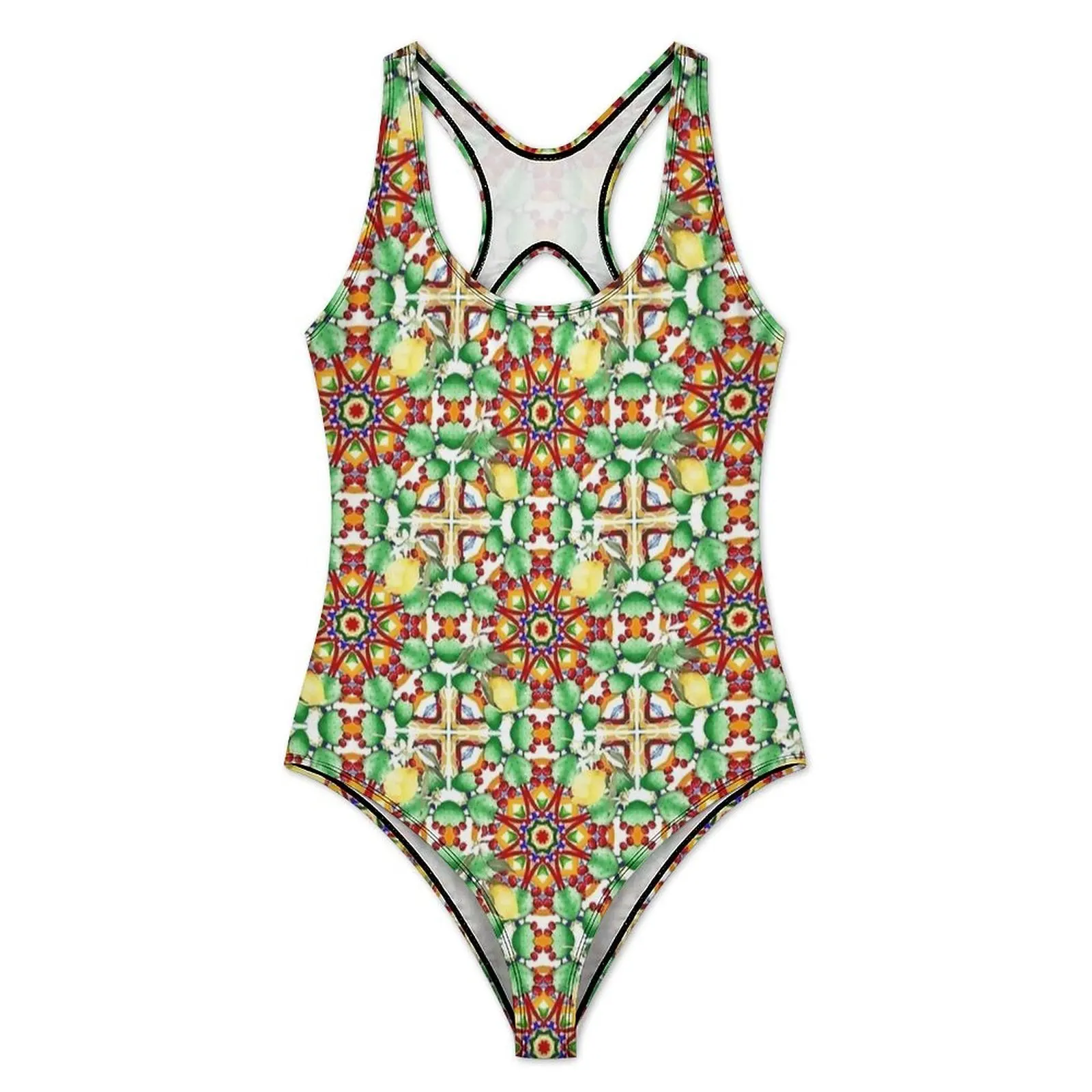 Retro Citrus Majolica Tile Print Swimsuit Sexy Woman Swimwear One-Piece Stylish Swimsuits Holiday Push Up Cut Out Bathing Suit