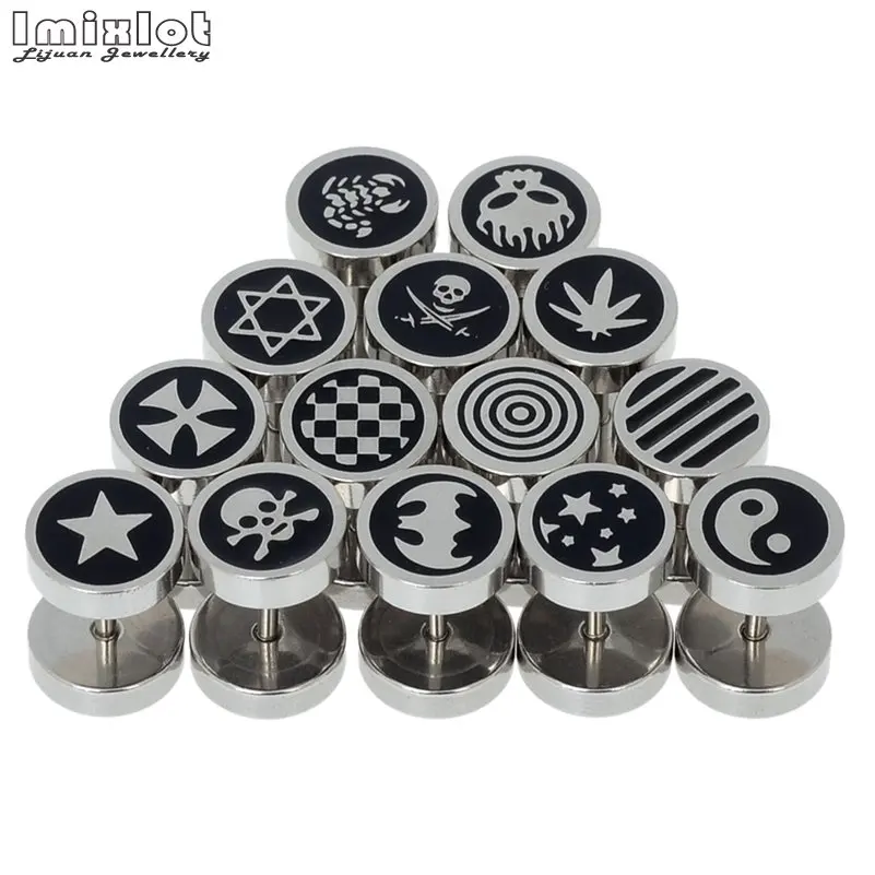 12Pcs Mix Fashion Stainless Steel Round Stud Earrings For Men Women Unisex Trendy Stripe Star Skull Earings Party Jewelry Gift