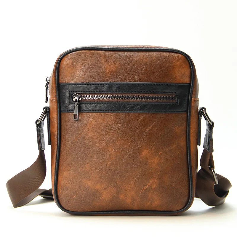 กระเป๋าสะพายข้างลำลองสำหรับผู้ชาย หนัง PU กระเป๋าสะพายไหล่สายกว้าง กระเป๋าสะพายทรงสี่เหลี่ยมเล็กแบบมีซิปสไตล์เรโทร