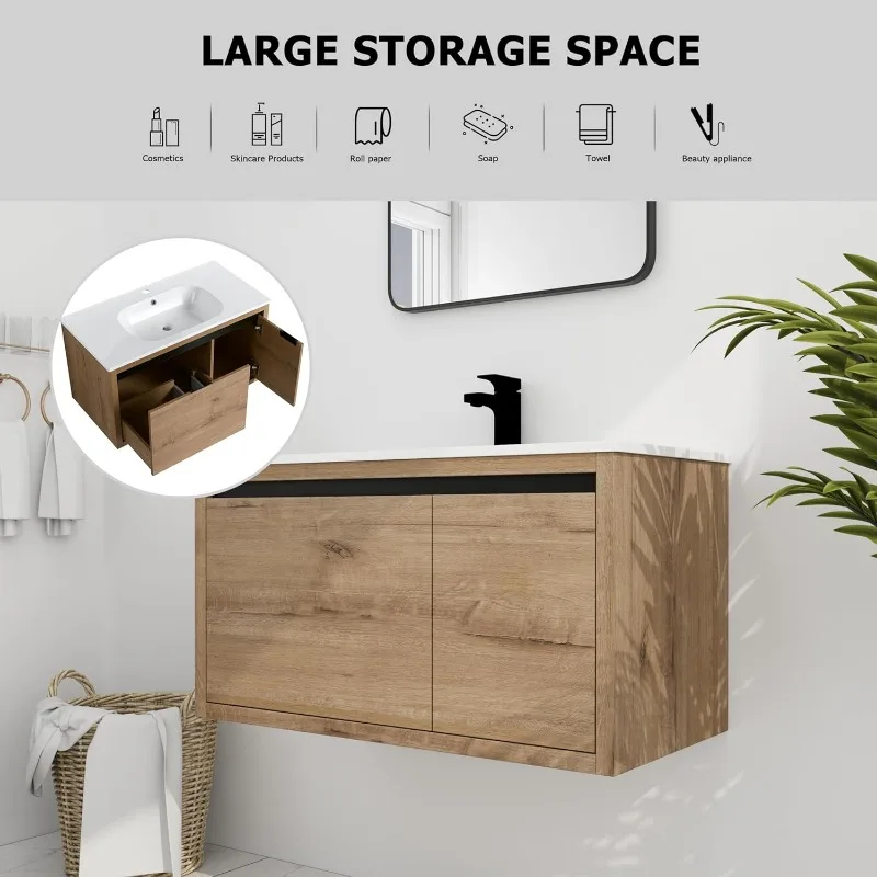 Vaidade de banheiro montada na parede em polegadas com pia de gel, carvalho imitação