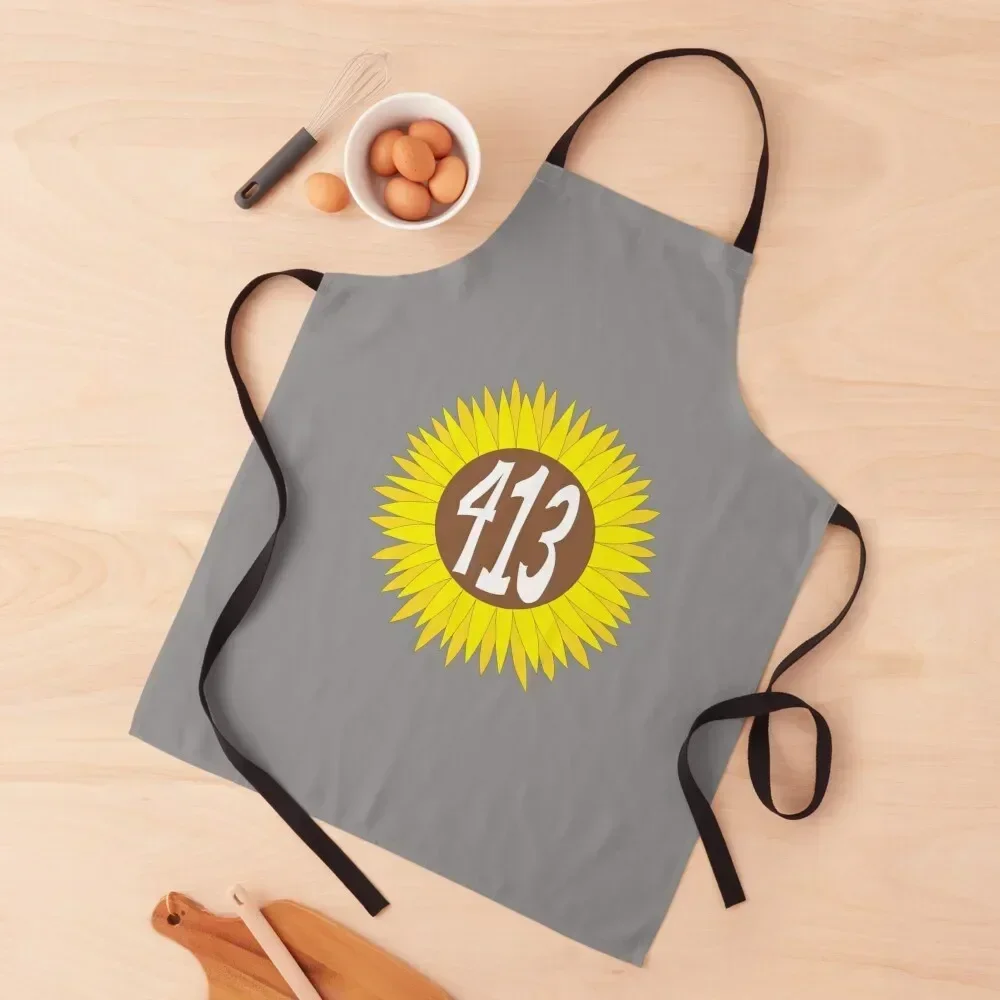 

Hand Drawn Massachusetts Sunflower 413 Area Code Apron Waiter Uniforms women's kitchens For Women Apron