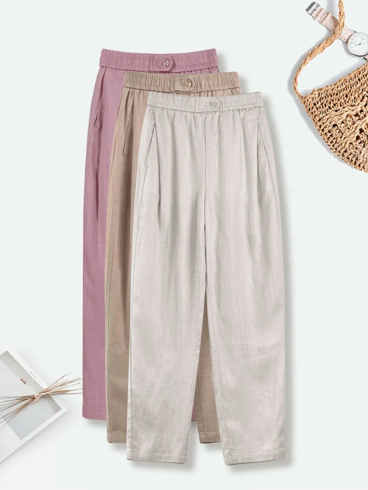 

Летние тонкие льняные женские повседневные брюки с высокой талией, свободные, укороченные, в стиле Харлан, новинка лета, маленькие размеры