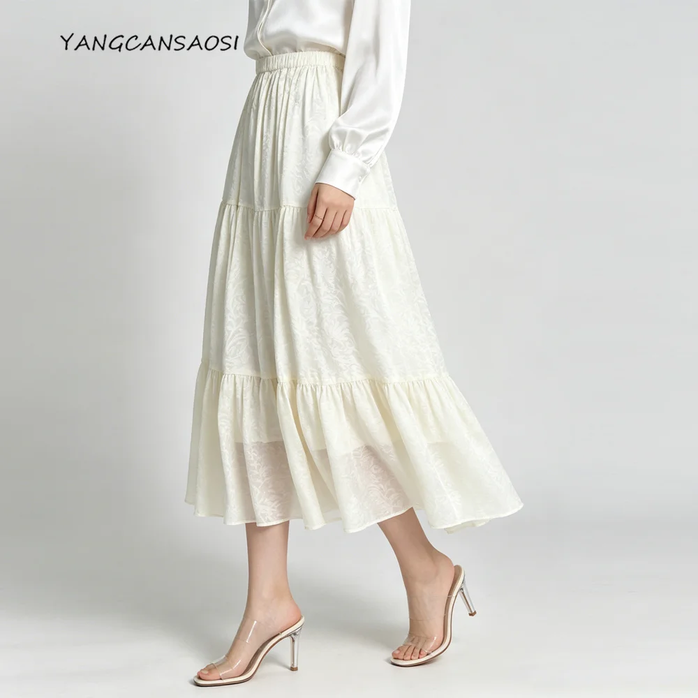 2026 Women's Casual Summer New Large Swing 100% Natural Mulberry Silk (Excluding Lining) Off White Vacation Style Cake Skirt