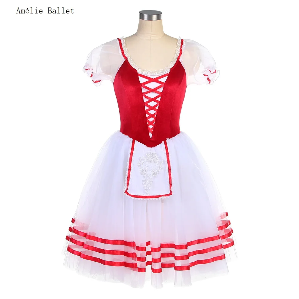 

24034 Red Velvet Top Bodice with White Romantic Long Tutu Skirt Women Girls Stage Performance Ballet Dance Costumes 6 Colors