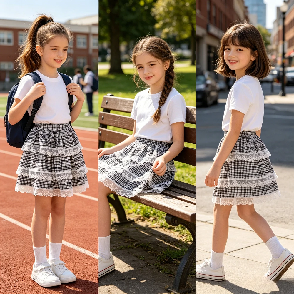 Girls Black White Plaid Tiered Lace Ruffle Skirt Elastic High Waist A Line Skirt Kids Sweet Summer Casual Princess Party Outfit