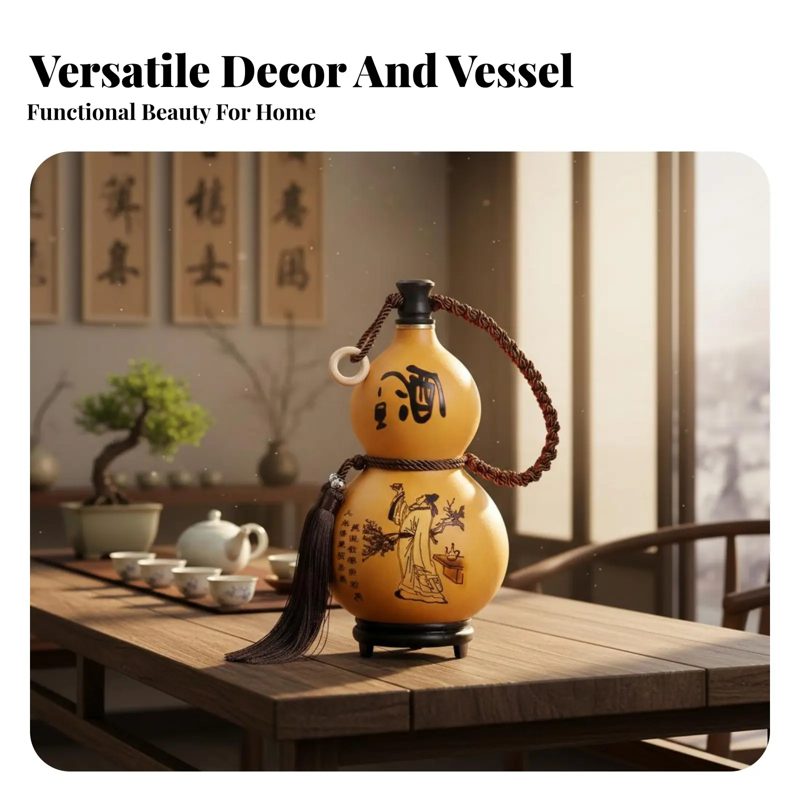 Chinese Hulu Gourd Bottle Multi-Functional Chinese Beverage Gourd Traditional Hu Lu Bottle Leak-Secure Cap for Cosplay