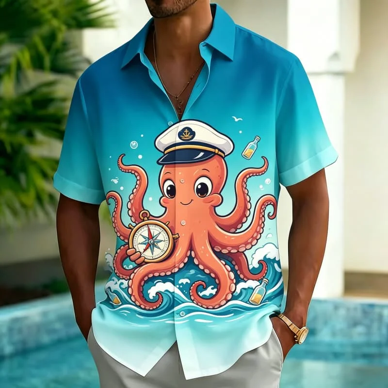 

Men's Cute Marine Biology Printed Hawaiian Shirt, Colorful Summer Vacation Style, Suitable For Pool Parties, Beach Travel