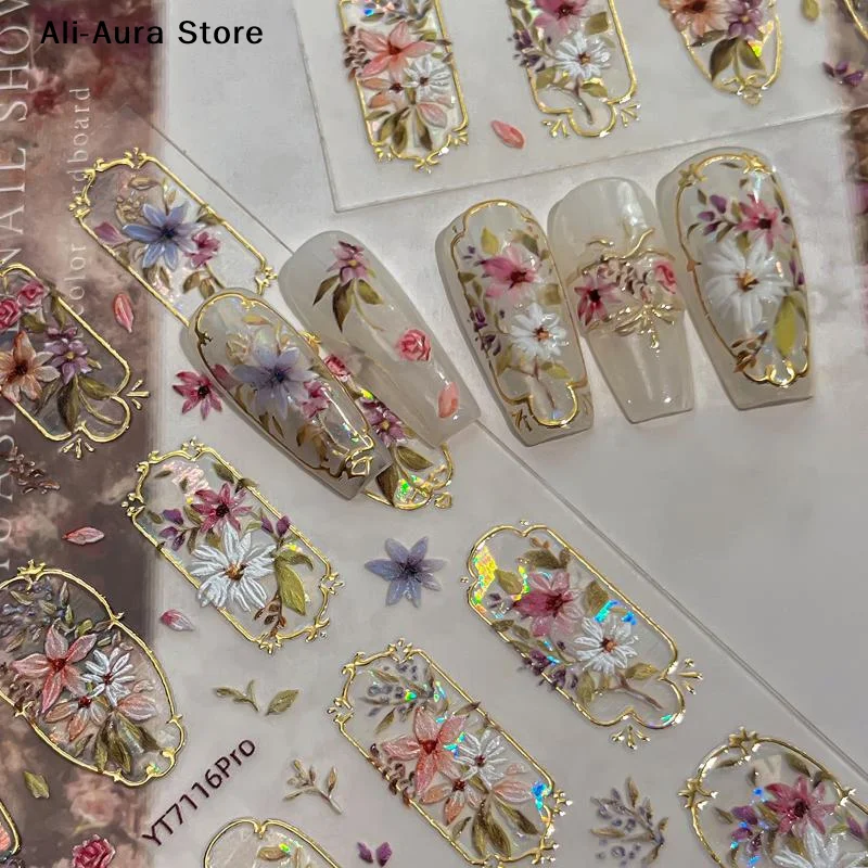 5D Embossed Flower Nail Art Stickers Glitter Laser Petal Self Adhesive Nail Slider Decals Decorations Accessories DIY
