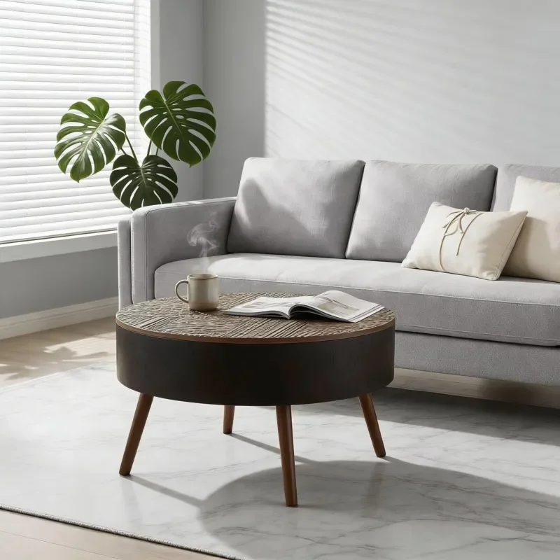 31.5 Inch Round Coffee Table with Storage and Engraved Top Compact Design for Small Spaces Beverage Holder