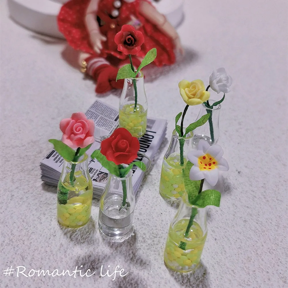 Miniature Dollhouse Miniature Rose Model Flower Vase Creative 1:12 Scale Dollhouse Flower Toy Mini Floral Rose