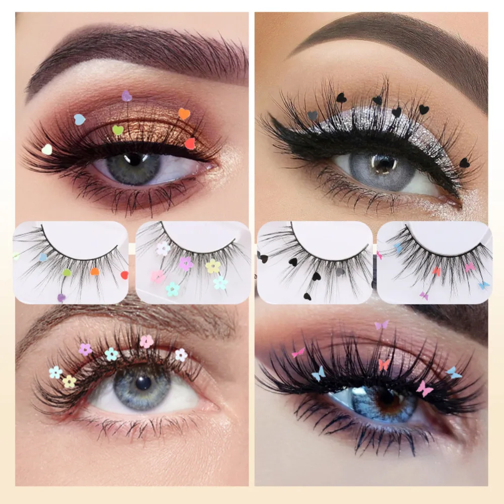 1 Pair Glitter False Eyelashes Heart Flower Glitter Performing Christmas Party Eyelashes Exaggerated Lengthening False Eyelashes