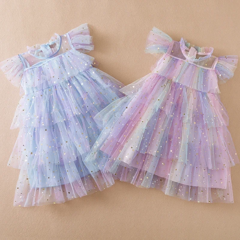 2024 New Summer Girl Sequins Mesh Layers Cake Rainbow Children Vestido Princess Dress 3-8Y Kid Clothes Birthday Party Prom Dress